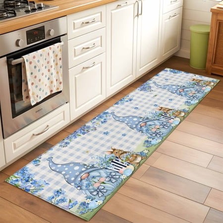 Runner Rug 2 X 6 Ft  Easter Washable Non-Slip Floor Mat for Kitchen Hallway/Entryway  Spring Blue Gnomes Rabbit Eggs Floral Buffalo Plaid Long Kitchen