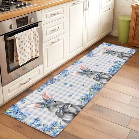Runner Rug 2 X 6 Ft  Easter Rabbit Washable Non-Slip Floor Mat for Kitchen Hallway/Entryway  Spring Cute Bunny Blue Flowers Buffalo Plaid Long Kitchen