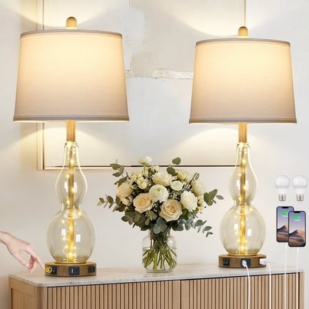 Lolikit Table Lamps Set of 2  Modern Nightstand Bedside Lamp for Bedroom Living Room with USB C+a Ports & AC Outlet Bulbs Included