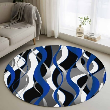 Round Rugs 3Ft  Blue Black Stripes Round Area Rug Washable Indoor Throw Carpet  Modern Abstract Ombre Grey White Lines Small Non Slip Circle Rug for B