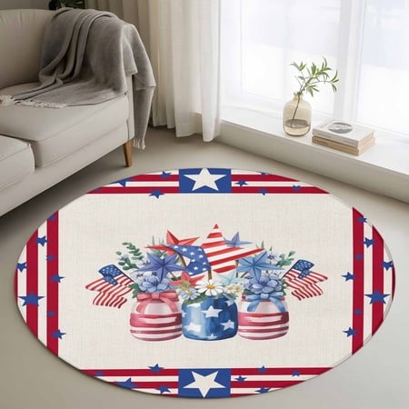 Round Rugs 4Ft  Independence Day Round Area Rug Washable Indoor Throw Carpet  Red Blue Flowers Patriotic Star Stripes Soft Non Slip Circle Rug for Kit