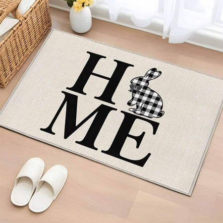 2x3 Ft Entryway Area Rug  Easter Kitchen Rug Runner Washable Floor Mat  Farmhouse Vintage Black White Plaid Rabbit Non Slip Indoor Door Mat Throw Carp
