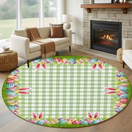 Round Rugs 5Ft  Easter Round Area Rug Washable Indoor Throw Carpet  Rabbit Ears Colorful Eggs Green White Buffalo Plaid Soft Non Slip Circle Rug for C