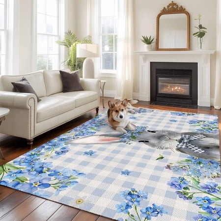6 X9  Area Rugs  Easter Rabbit Indoor Outdoor Area Rug for Living Room Bedroom  Spring Cute Bunny Blue Flowers Buffalo Plaid Washable Bathroom Rugs Ki
