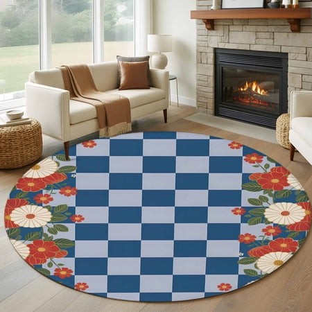 Round Area Rug 6 Ft  Blue Plaid Washable Non-Slip Circle Carpet for Living Room/Bedroom  Japanese Red Floral Flowers Buffalo Check Low-Profile Indoor 