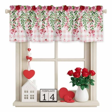 Valentine S Day Valance Curtain for Windows Watercolor Romantic Red Pink Roses Leaf Love Heart Pink Plaid Rod Pocket Curtain Valances Short Window Tre