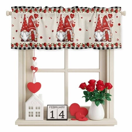 Valentine S Day Gnome Valance Curtain for Windows Gnome Couple Rustic Red Love Rose Balloon Linen Texture Rod Pocket Curtain Valances Short Window Tre