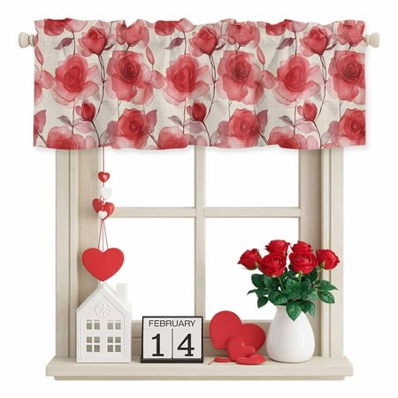 Valentine S Day Valance Curtain for Windows Romantic Red Flower Watercolor Red Roses Floral Linen Texture Rod Pocket Curtain Valances Short Window Tre