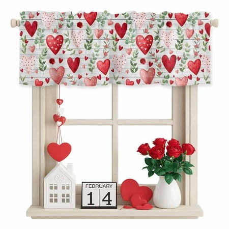 Valentine S Day Valance Curtain for Windows Vintage Red Pink Dots Love Heart Roses Floral Leaf Wood Grain Rod Pocket Curtain Valances Short Window Tre