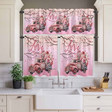 Kitchen Window Curtains Valance and Tier Set  Valentine S Day Rose Farm Truck Rod Pocket Tier Curtains and Valance 3 Piece Set  Pink Gradient Love Tre