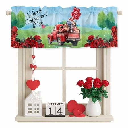 Valentine S Day Valance Curtain for Windows Watercolor Red Truck Love Heart Rugby Balloons Red Rose Grass Rod Pocket Curtain Valances Short Window Tre
