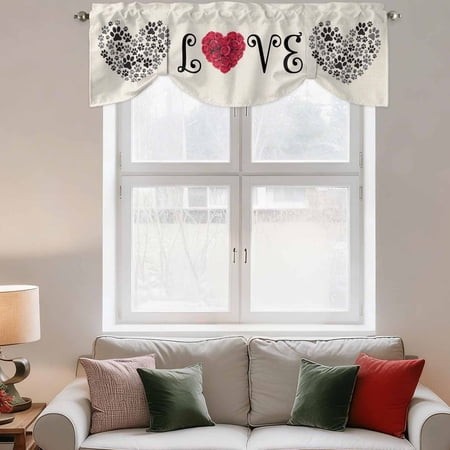 Tie up Valance Curtain for Kitchen Love Words Dogs Footprints Rod Pocket Short Curtains Adjustable Tie-up Shade Valances Red Roses on Linen Window Tre