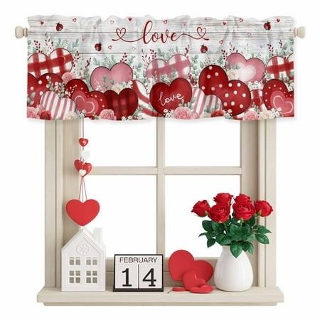 Valentine S Day Valance Curtain for Windows Watercolor Red Pink Plaid Stripes Love Heart Roses Wood Grain Rod Pocket Curtain Valances Short Window Tre