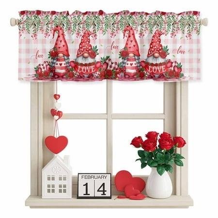 Valentine S Day Valance Curtain for Windows Gnome Couple Red Pink Roses Floral Leaf Love Heart Pink Plaid Rod Pocket Curtain Valances Short Window Tre
