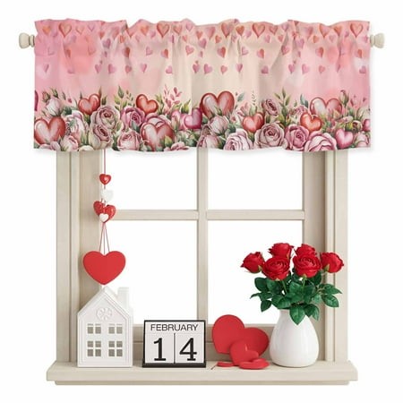 Valentine S Day Valance Curtain for Windows Vintage Watercolor Red Pink Loves Roses Romantic Floral Heart Rod Pocket Curtain Valances Short Window Tre