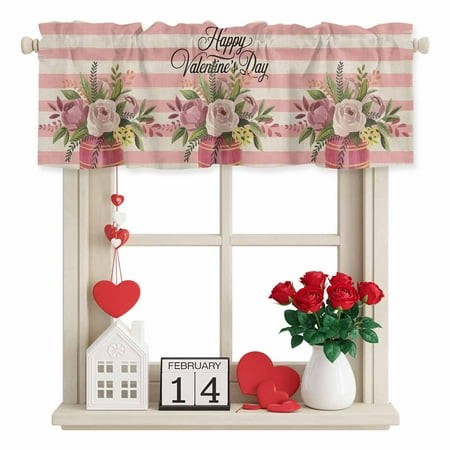 Happy Valentine S Day Valance Curtain for Windows Watercolor Pink Roses Floral Linen Texture Pink Stripes Rod Pocket Curtain Valances Short Window Tre