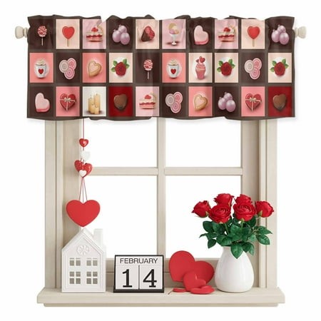 Valentine S Day Valance Curtain for Windows Sweet Chocolate Ice Cream Cake Love Cookies Rose Candle Plaid Rod Pocket Curtain Valances Short Window Tre