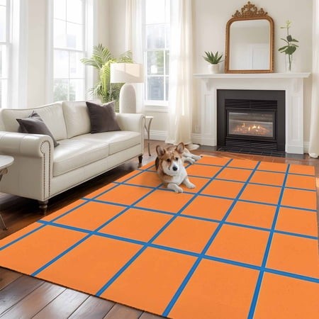 6 X9  Area Rugs  Orange Buffalo Check Indoor Outdoor Area Rug for Living Room Bedroom  Modern Blue Stripe Geometric Washable Bathroom Rugs Kitchen Flo