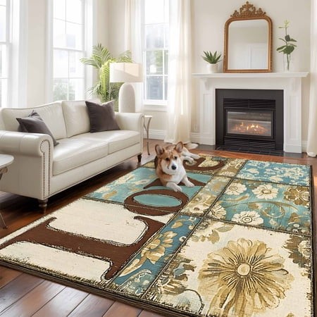 6 X9  Area Rugs  Vintage Floral Check Indoor Outdoor Area Rug for Living Room Bedroom  Blue Yellow Love Buffalo Plaid Washable Bathroom Rugs Kitchen F