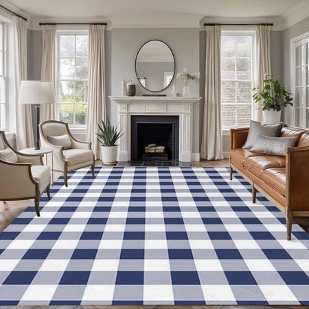 Large Area Rug 6 X9  Navy Blue White Plaid Non-slip Runner Carpet for Living Room/Bedroom/Office Farmhouse Checkered Buffalo Outdoor Indoor Rectangle 
