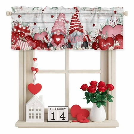 Valentine S Day Valance Curtain for Windows Sweet Gnome Couple Red Pink Love Heart Rose Floral Wood Grain Rod Pocket Curtain Valances Short Window Tre