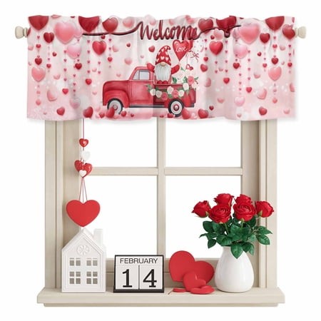 Valentine S Day Valance Curtain for Windows Romantic Gnome Red Pink Love Heart Balloons Roses Floral Pink Rod Pocket Curtain Valances Short Window Tre