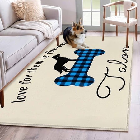 Rectangle Area Rugs 4 X 6 Ft  Blue Black Buffalo Checkered Non-Slip Residential Carpet  Bones Cute Dogs Pets Indoor Crawling Mats Runner Rugs for Livi