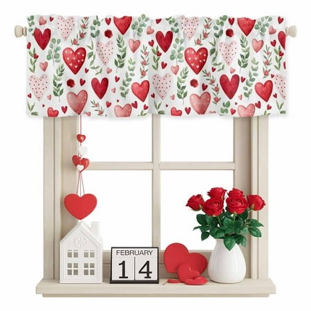 Valentine S Day Valance Curtain for Windows Vintage Red Pink Dots Love Heart Roses Floral Eucalyptus Leaf Rod Pocket Curtain Valances Short Window Tre