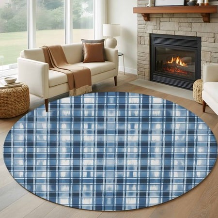 Round Area Rugs Collection 6 Ft  Blue Plaid Non-Slip Residential Carpet  Modern Simple Watercolor Buffalo Lattice Indoor Crawling Mats Runner Rugs for