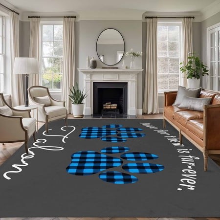 Rectangle Area Rugs 6 X 9 Ft  Cats Pawprints Non-Slip Residential Carpet  Blue Black Buffalo Plaid Pets Paw Grey Indoor Crawling Mats Runner Rugs for 