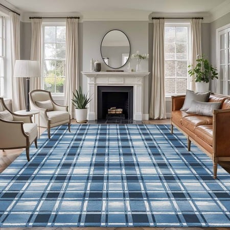 Rectangle Area Rugs 6 X 9 Ft  Blue Plaid Non-Slip Residential Carpet  Modern Simple Watercolor Buffalo Lattice Indoor Crawling Mats Runner Rugs for Li