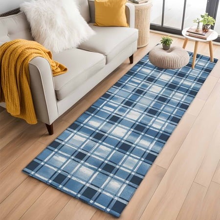 Kitchen Runner 2 X 6 Ft  Blue Plaid Non-Slip Residential Carpet  Modern Simple Watercolor Buffalo Lattice Indoor Crawling Mats Runner Rugs for Living 