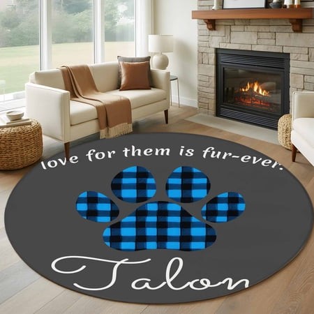 Round Area Rugs Collection 6 Ft  Cats Pawprints Non-Slip Residential Carpet  Blue Black Buffalo Plaid Pets Paw Grey Indoor Crawling Mats Runner Rugs f
