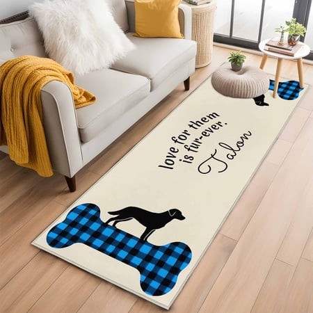 Kitchen Runner 2 X 6 Ft  Blue Black Buffalo Checkered Non-Slip Residential Carpet  Bones Cute Dogs Pets Indoor Crawling Mats Runner Rugs for Living Ro