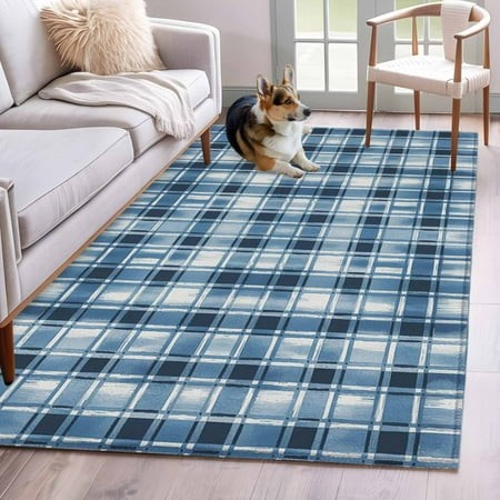 Rectangle Area Rugs 4 X 6 Ft  Blue Plaid Non-Slip Residential Carpet  Modern Simple Watercolor Buffalo Lattice Indoor Crawling Mats Runner Rugs for Li