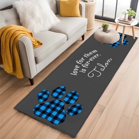 Kitchen Runner 2 X 6 Ft  Cats Pawprints Non-Slip Residential Carpet  Blue Black Buffalo Plaid Pets Paw Grey Indoor Crawling Mats Runner Rugs for Livin