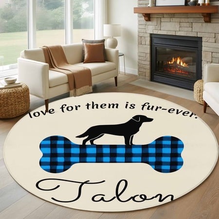Round Area Rugs Collection 6 Ft  Blue Black Buffalo Checkered Non-Slip Residential Carpet  Bones Cute Dogs Pets Indoor Crawling Mats Runner Rugs for L