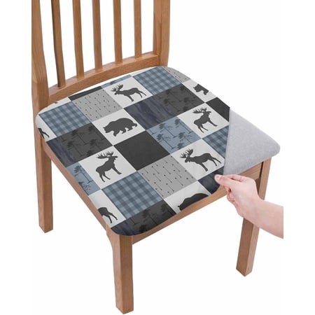 Blue Cabin Check Chair Seat Covers for Dining Room Stretch Chair Seat Covers Set of 6  Rustic Bear Elk Farmhouse Buffalo Plaid Chair Seat Protector Cu