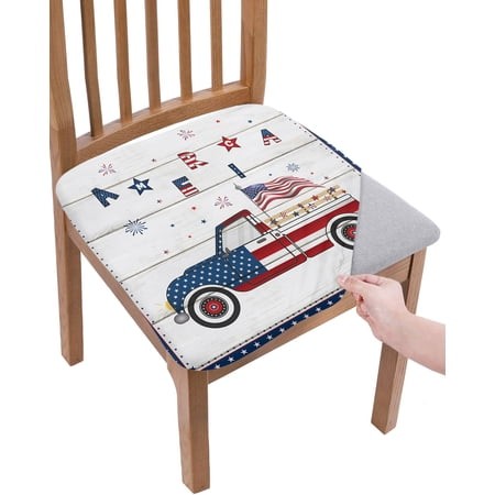 Independence American Flag Truck with Wooden Stripes Chair Seat Covers for Dining Room Stretch Chair Seat Covers Set of 6 Blue Red Checker Buffalo Cha
