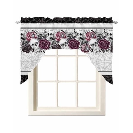 Halloween Swag Valances for Windows  Small Curtains Drapes  Farmhouse Vintage Skull Black Red Rose Leaves Kitchen Window Curtains Over Sink Window Tre