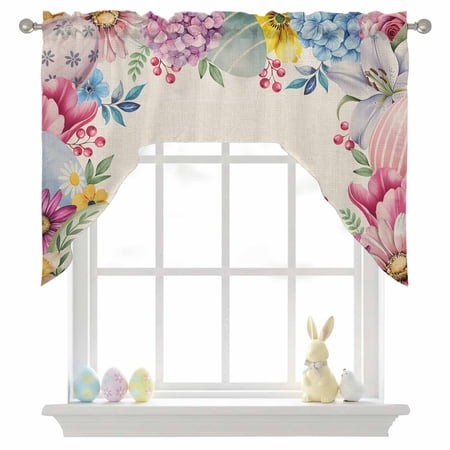 Easter Swag Valances for Kitchen Window  Colorful Eggs Roses Tulips Daisy Berries Retro Linen Small Swag Valances Rod Pocket Curtain Drapes Window Tre