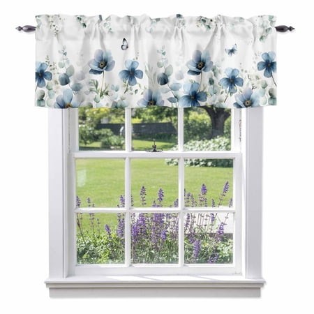 Navy Blue Floral Kitchen Curtain Valances for Windows Farmhouse Short Curtains  Watercolor Eucalyptus Leaves Butterfly Rod Pocket Valance Curtain for 