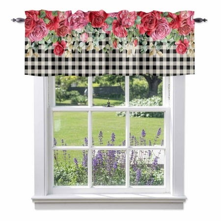 Pink Roses Valentine S Day Kitchen Curtain Valances for Windows Farmhouse Short Curtains  Black White Plaid Spring Floral Rod Pocket Valance Curtain f