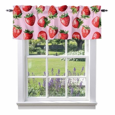Red Strawberry Kitchen Curtain Valances for Windows Farmhouse Short Curtains  Pink Watercolor Modern Art Rod Pocket Valance Curtain for Bedroom Cafe L