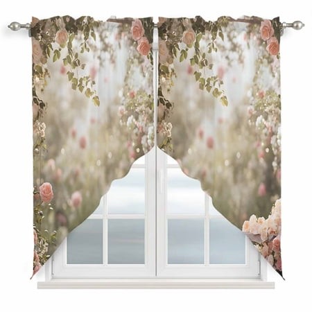 Swag Valance Curtains for Windows  Pink Rose Spring Floral Light Filtering Kitchen Curtains with Rod Pocket  Summer Roses Flowers Farmhouse Window Tre