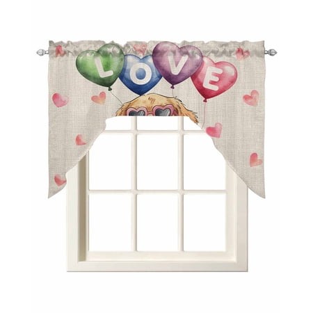 Valentine S Day Swag Valances for Windows  Small Curtains Drapes  Cute Dog Love Balloon Rose Rustic Beige Kitchen Window Curtains Over Sink Window Tre