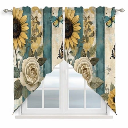 Swag Valance Curtains for Windows  White Roses Light Filtering Kitchen Curtains with Rod Pocket  Sunflower Spring Floral Retro Blue Striped Window Tre