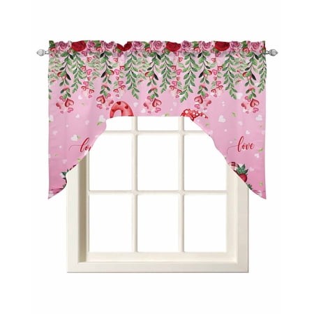 Red Gnomes Swag Valances for Windows  Small Curtains Drapes  Valentine S Day Love Roses Leaves Ombre Pink Kitchen Window Curtains Over Sink Window Tre