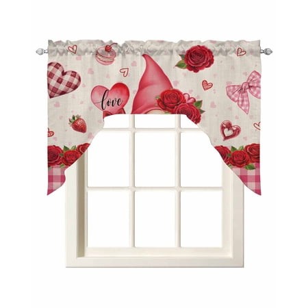 Valentine S Day Swag Valances for Windows  Small Curtains Drapes  Gnomes Loves Roses Romantic Plaid Beige Kitchen Window Curtains Over Sink Window Tre