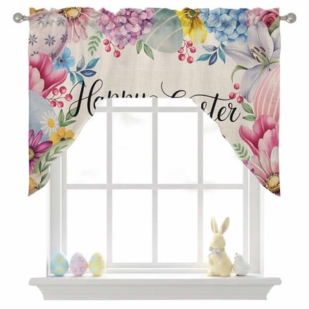 Happy Easter Swag Valances for Kitchen Window  Colorful Eggs Roses Tulips Daisy Berries Linen Small Swag Valances Rod Pocket Curtain Drapes Window Tre